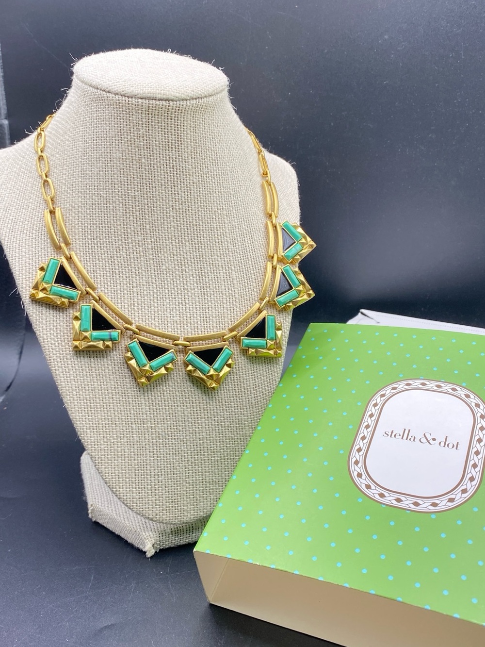 STELLA & DOT Zia Necklace New In Box Statement Black Turqoise Gold Tone - Picture 2 of 12